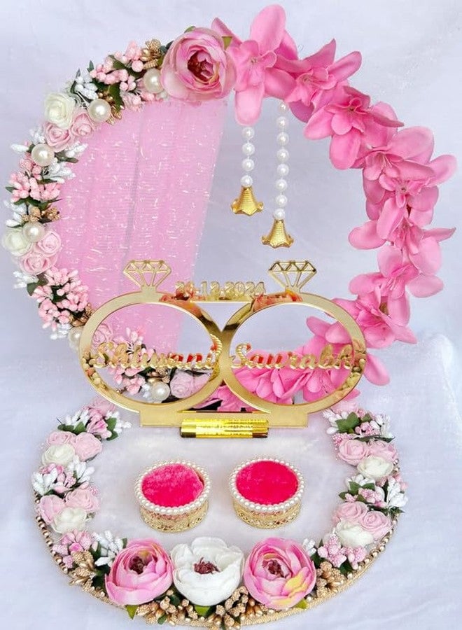 Mridang Acrylic Designer Pink Floral Theme with White Base Round Ring Platter for Ring Ceremony/Customizable Name and Ceremony Date(Anniversary/Engagement/Wedding Ring Platter/Marriage Decor) - Image 5